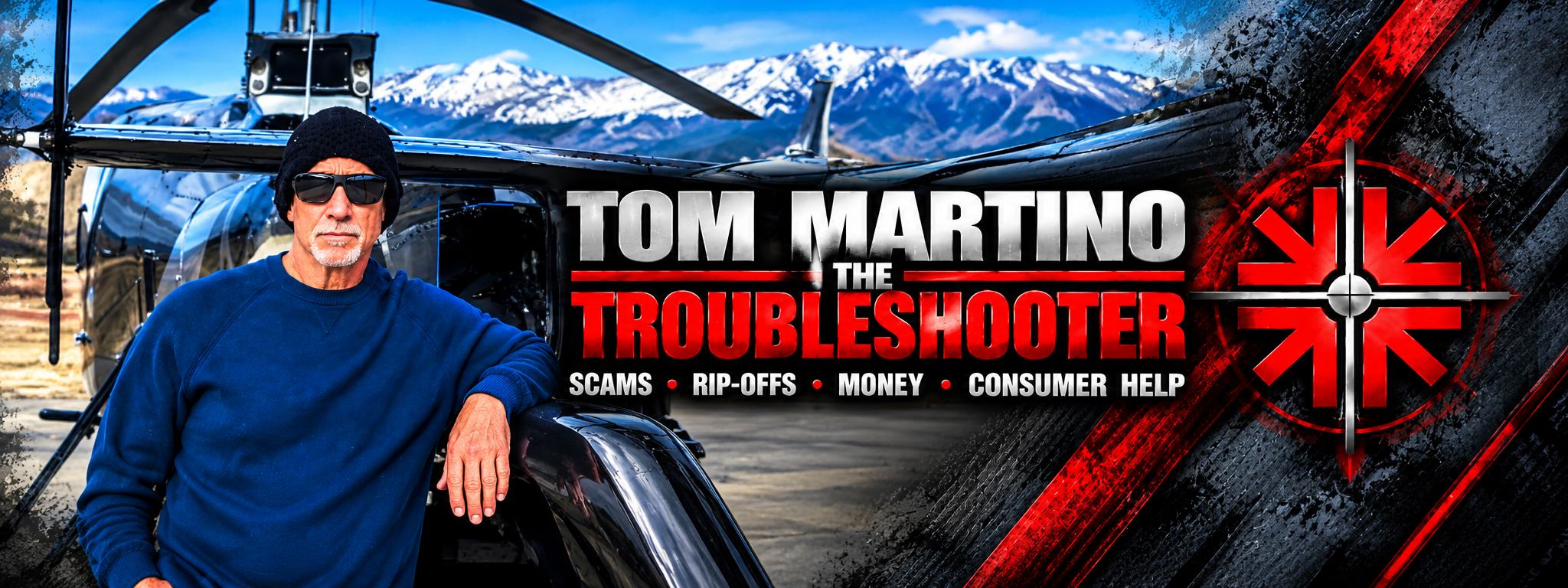 Tom Martino, The Troubleshooter, standing by his helicopter. Scams, rip-offs, money, consumer help.